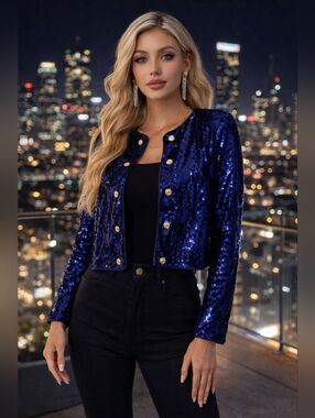Allegra K Blue Sequin Cropped Jacket Size Small Open Front Button Long Sleeve